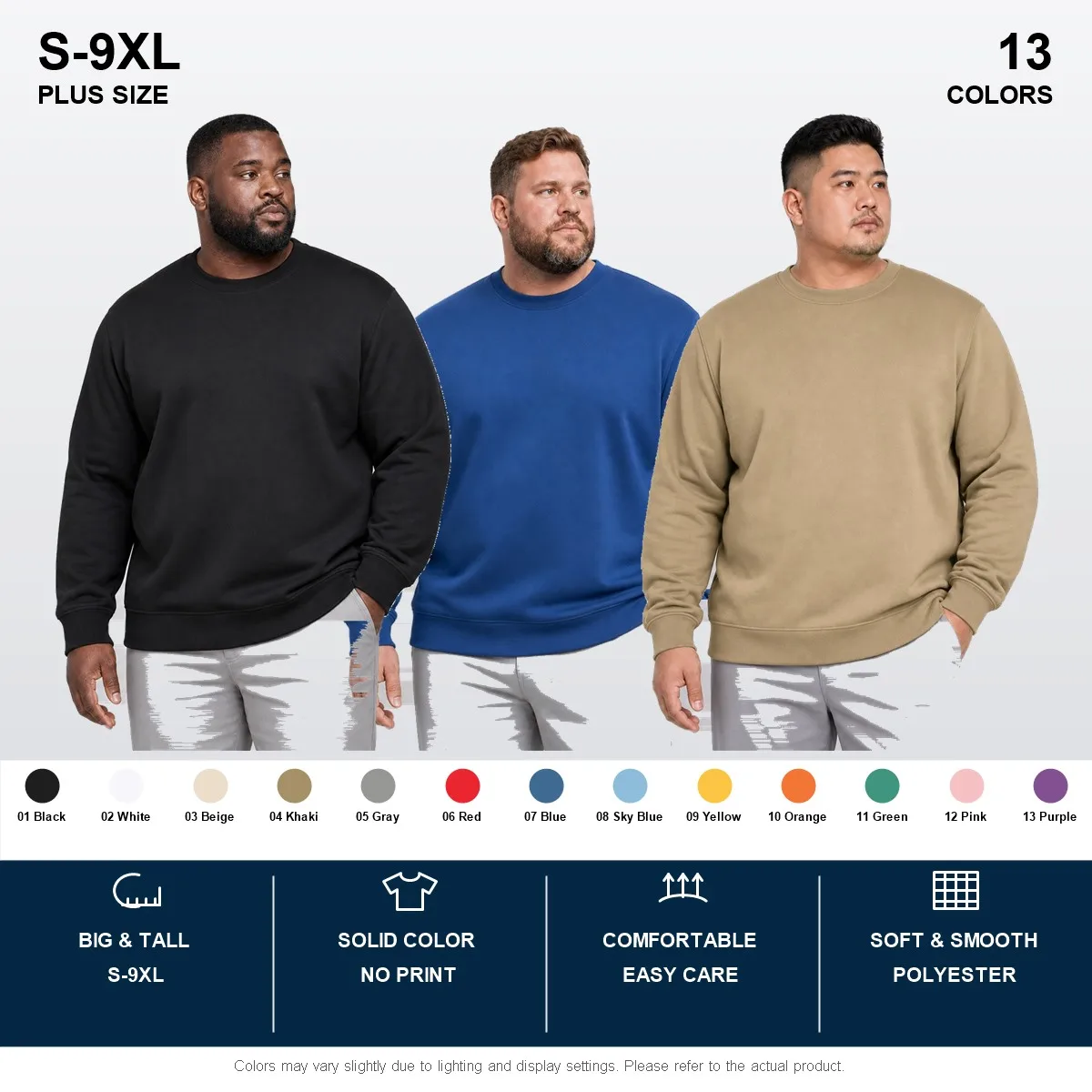 S-9XL Men's Plus Size Crew Neck Sweatshirt, Solid Color Pullover for Fall Winter Casual Wear, Big & Tall Relaxed Fit