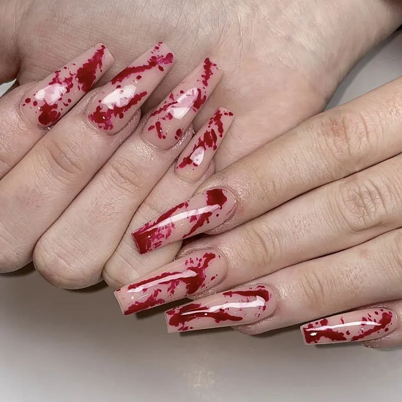 24Pcs Halloween Press on Nails Mid-length Square Head False Nails with Red Blood Design Wearable White French Fake Nail Tips