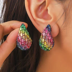 Vintage Colorful Rhinestone Chunky Water Drop Earrings for Women Fashion Exaggerated Geometric Teardrop Luxury Stud Earring 2024