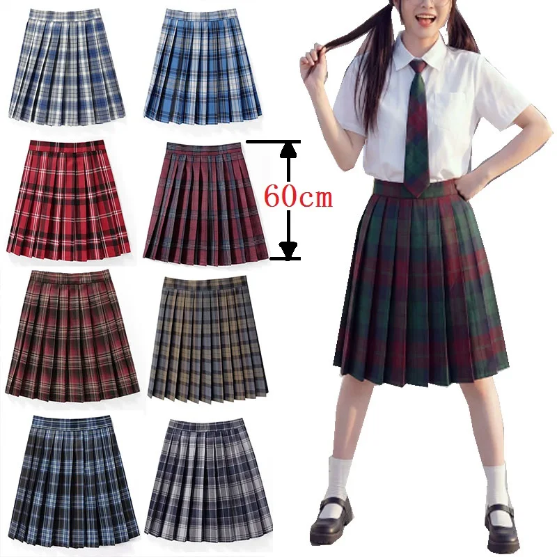 Fashion 60CM Length High Waist Pleated Skirt Ladies Summer Women A Line Harajuku Korean Plaid Midi Skirt For School Girl Uniform