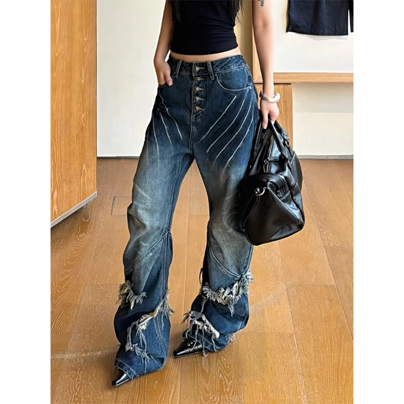 MEXZT Y2K 2000S Dziurawe Jeansy Damskie Vintage Streetwear Frędzle Szerokie Nogawki Denimowe Spodnie Grunge Gothic Harajuku Luźne Proste Spodnie