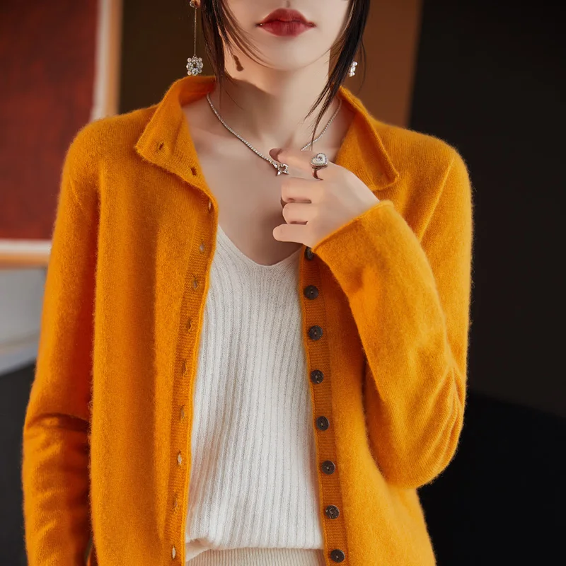 Autumn Winter 100% Wool Thicken Shirt Sweater Women Curled Round Neck Knitted Cardigan Female Multi Buckle Casual Warm Soft Top