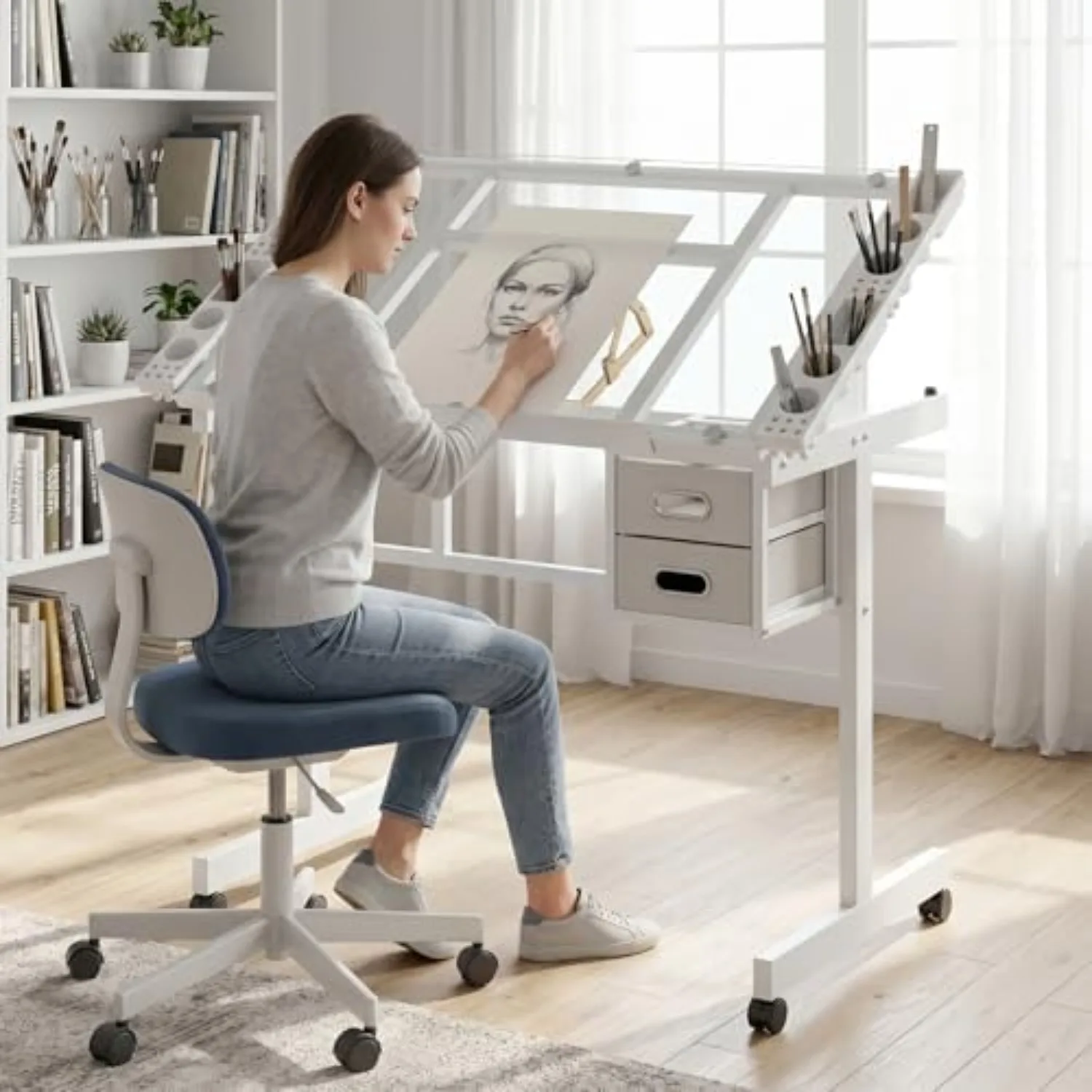 Mesa de Dibujo con Ruedas, Mesa de Pintura, Mesa de Arte y Manualidades con Superficie de Vidrio Templado Inclinable y Ajustable, 2