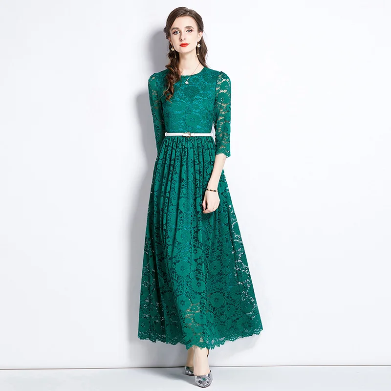 Elegant New Autumn Green Lace Long Dress Women's O Neck Half Sleeve Hollow Out Floral High Waist Party Vestidos Robe With Belt