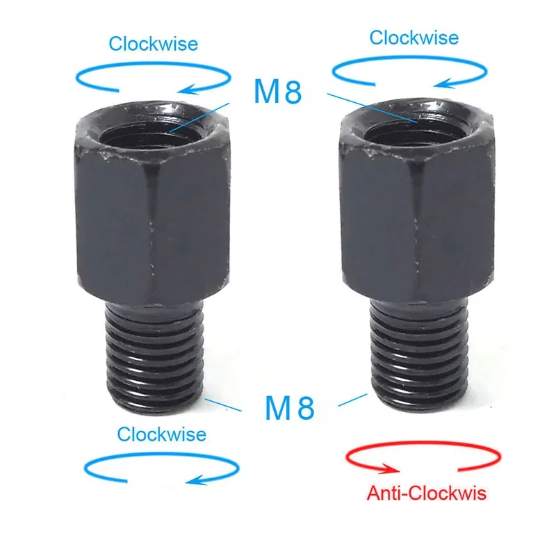 1 Paar schwarze Motorrad-Spiegeladapter M10 10 mm M8 8 mm Rückspiegel Umwandlungsschraube im Uhrzeigersinn Anti-Uhr Rechts-Links-Gewinde