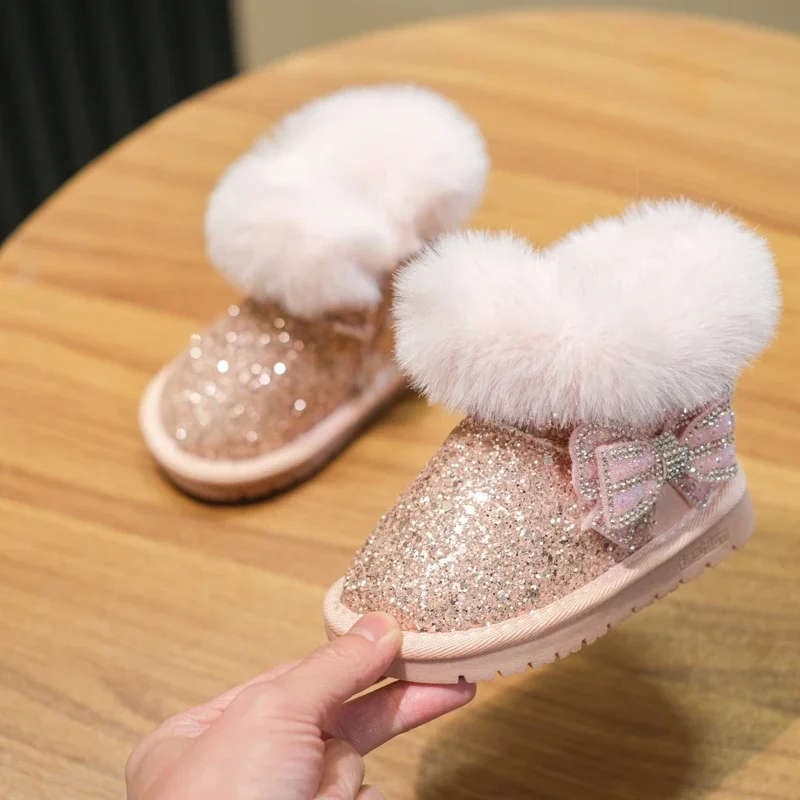 Girls Princess Boots Shiny Bows 2027 Winter Children Snow Boots with Thick Warm Fur New Kids Ankle Boots Round Toes Non-slip