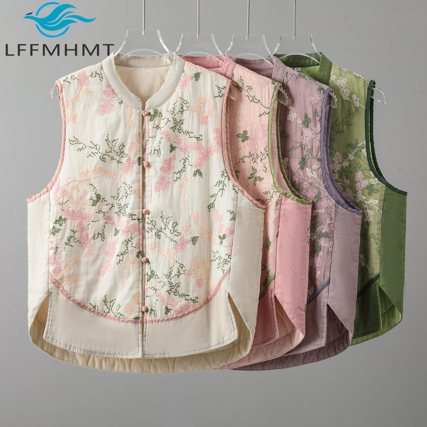 Chinese Style Vintage Waistcoat Flower Embroidery Buckle Stand Collar Linen Vest Female Winter Fall Fashion Cotton Padded Tops