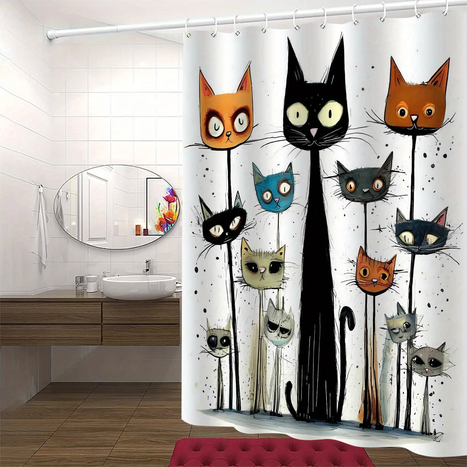 1pc Seven headed Cat Abstract Cute Art Pattern Shower Curtain, High end Elegant Bathroom Curtain, Bathroom Decoration Pattern