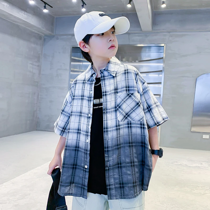 New Summer Gradient Children's Short Sleeve Plaid Shirt for Teenage Boy Luxury Clothing Kids Loose Casual Plaid Blouse Age 5-14Y