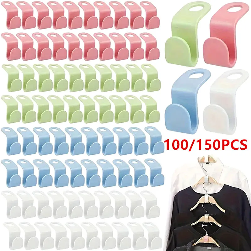 100/150 pçs mini cabides de roupas de plástico com conector ganchos guarda-roupa armário economia espaço casaco extensor rack clipes de armazenamento