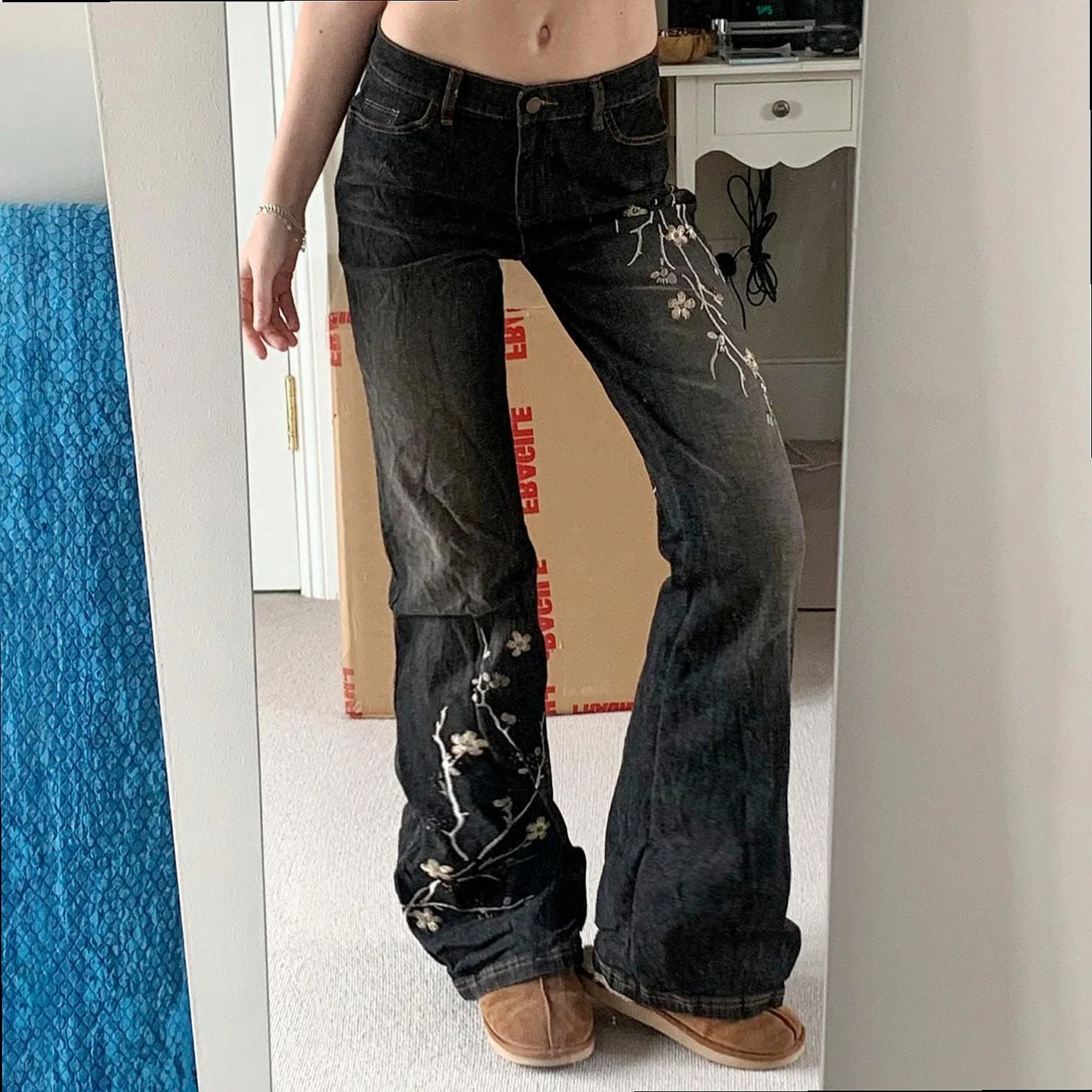 Distressed Washed Denim Jeans for Women Low Rise Baggy Wide Leg Casual Pants Streetwear