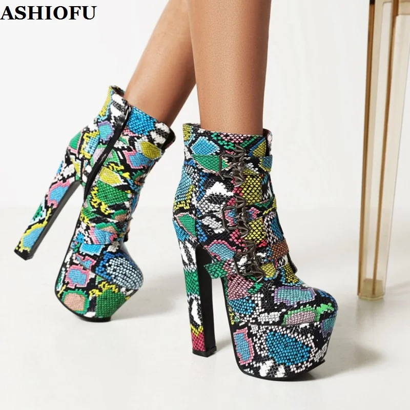 

ASHIOFU New Classic Style Women's Chunky Heels Ankle Boots Faux-Snake Leather Platform Sexy Booties Evening Fashion Club Shoes