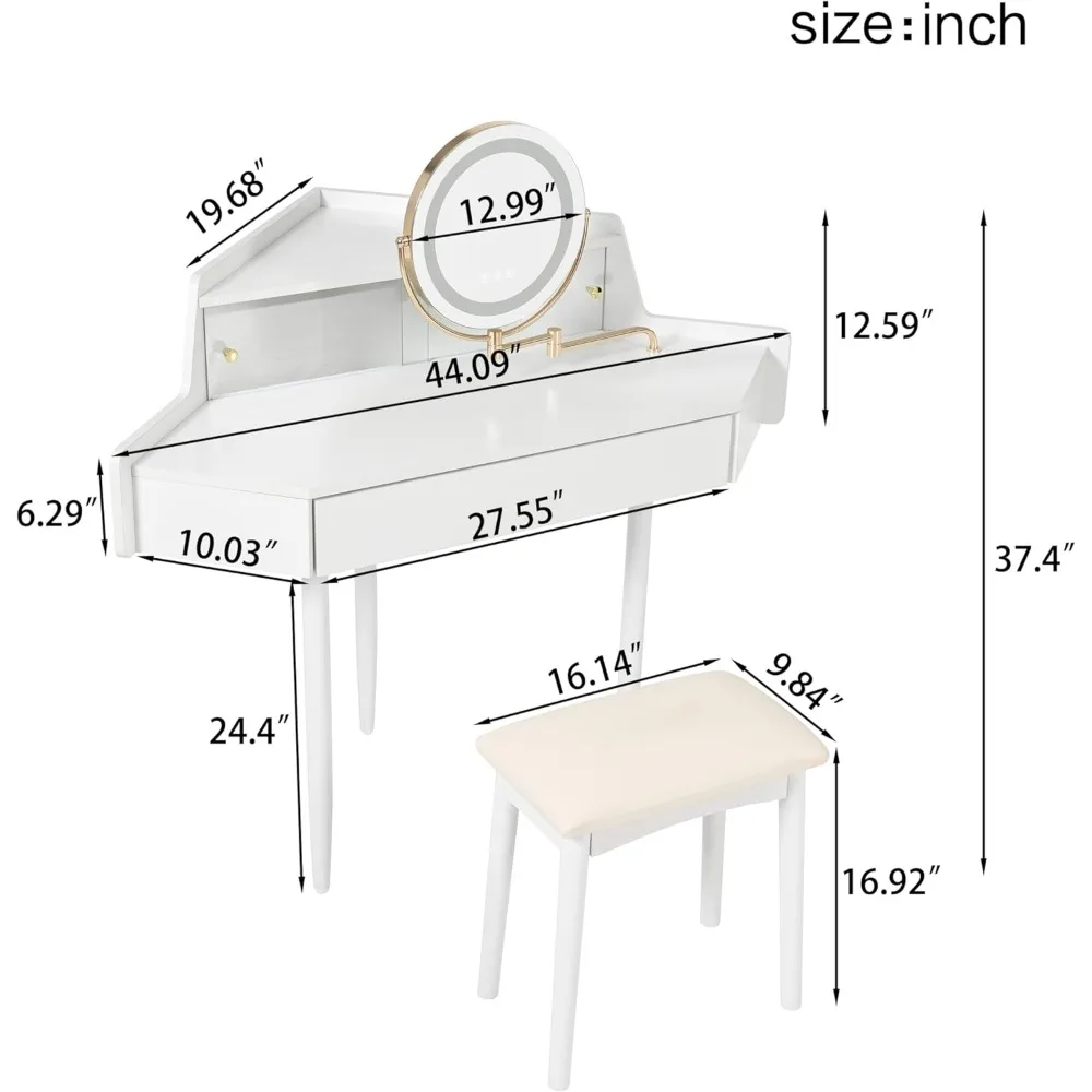 Туалетный столик для макияжа с зеркалом и подсветкой, небольшой угловой туалетный столик 44,09 л с табуреткой, туалетный столик с раздвижной стеклянной дверью, I