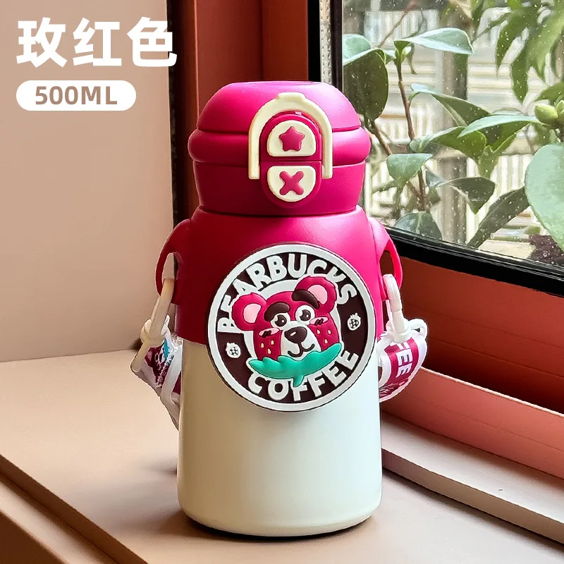 

500ML Cartoon Children's Water Bottle with Straw 316 Stainless Steel Thermos for Boys and Girls School Kids Kettle Gift Mugs