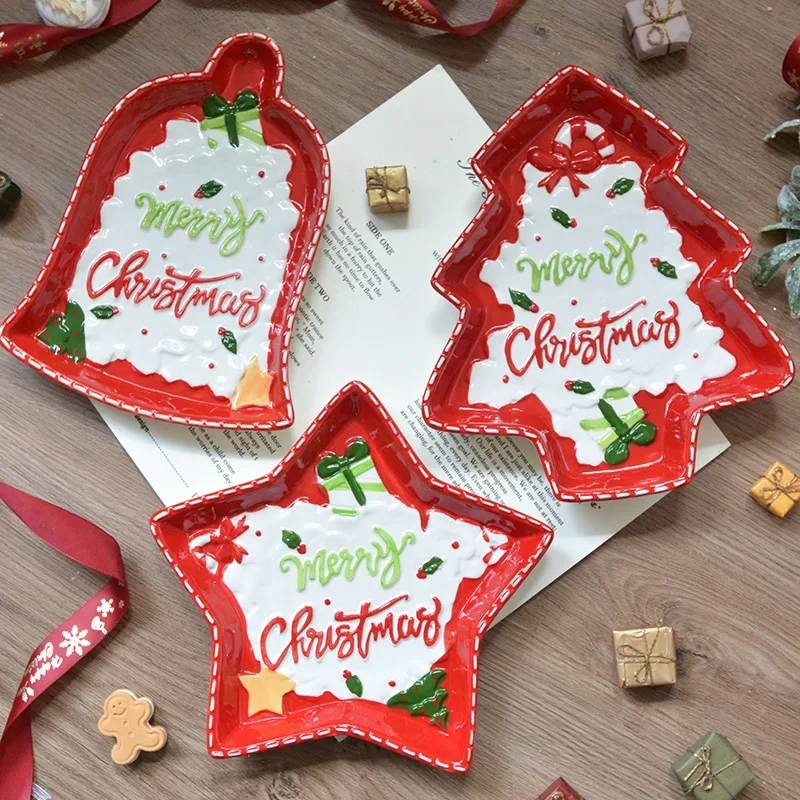 

Christmas Series Painted Relief Texture Star Pine Cartoon Christmas Gift Ceramic Dessert Plate A4M9N2