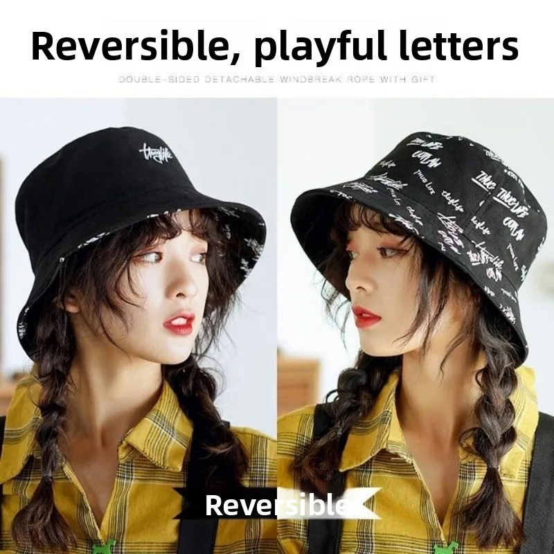 

Корейская шляпа-ведро, двусторонняя мужская шляпа, хипстерская шляпа с буквами и граффити, универсальная солнцезащитная шляпа-тазик, весенне-летняя шляпа от солнца
