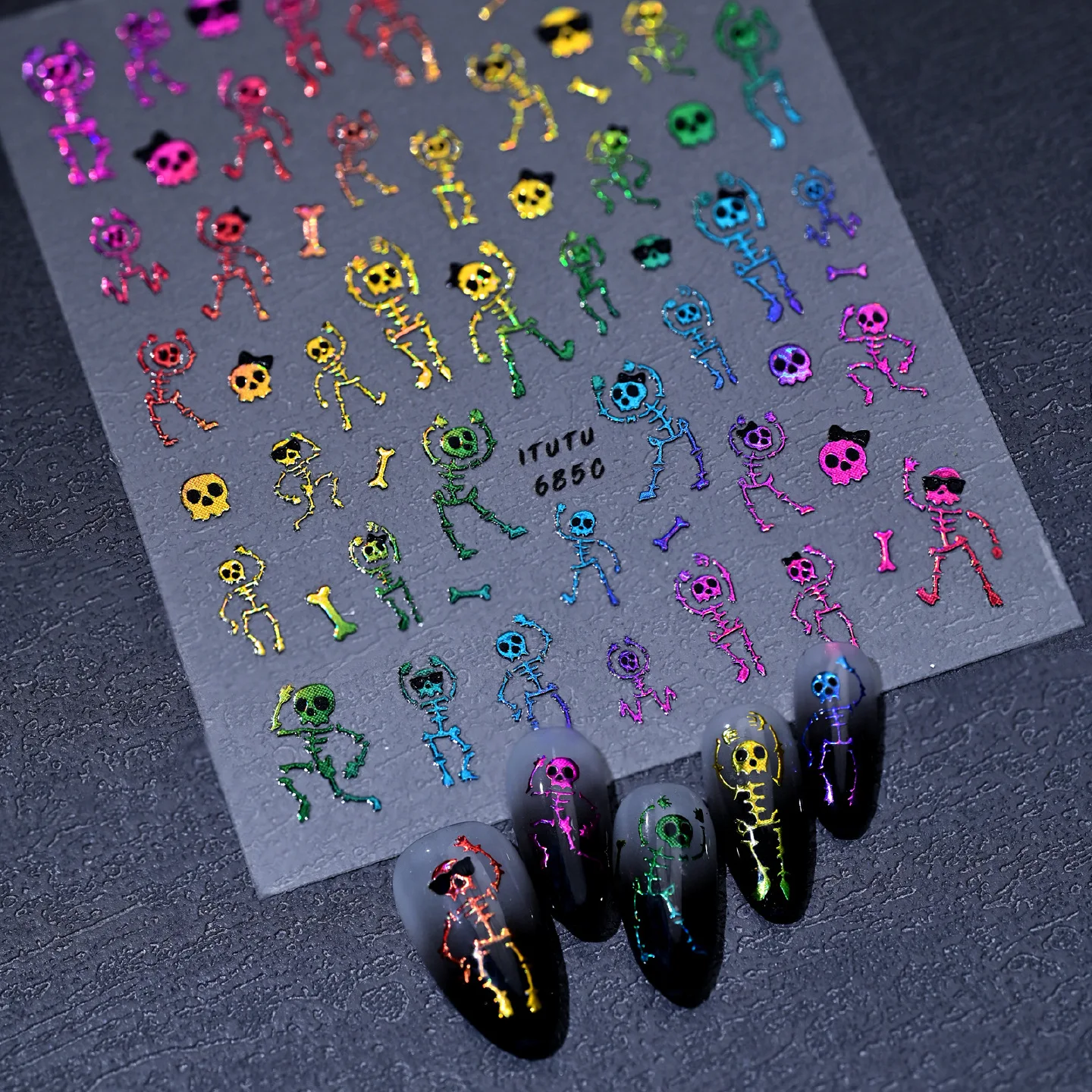 5D Colorful Halloween Dancing Skeleton Nail Stickers Shiny Laser Skull Bone Nail Decals Spooky Gothic Decor Party DIY Manicure