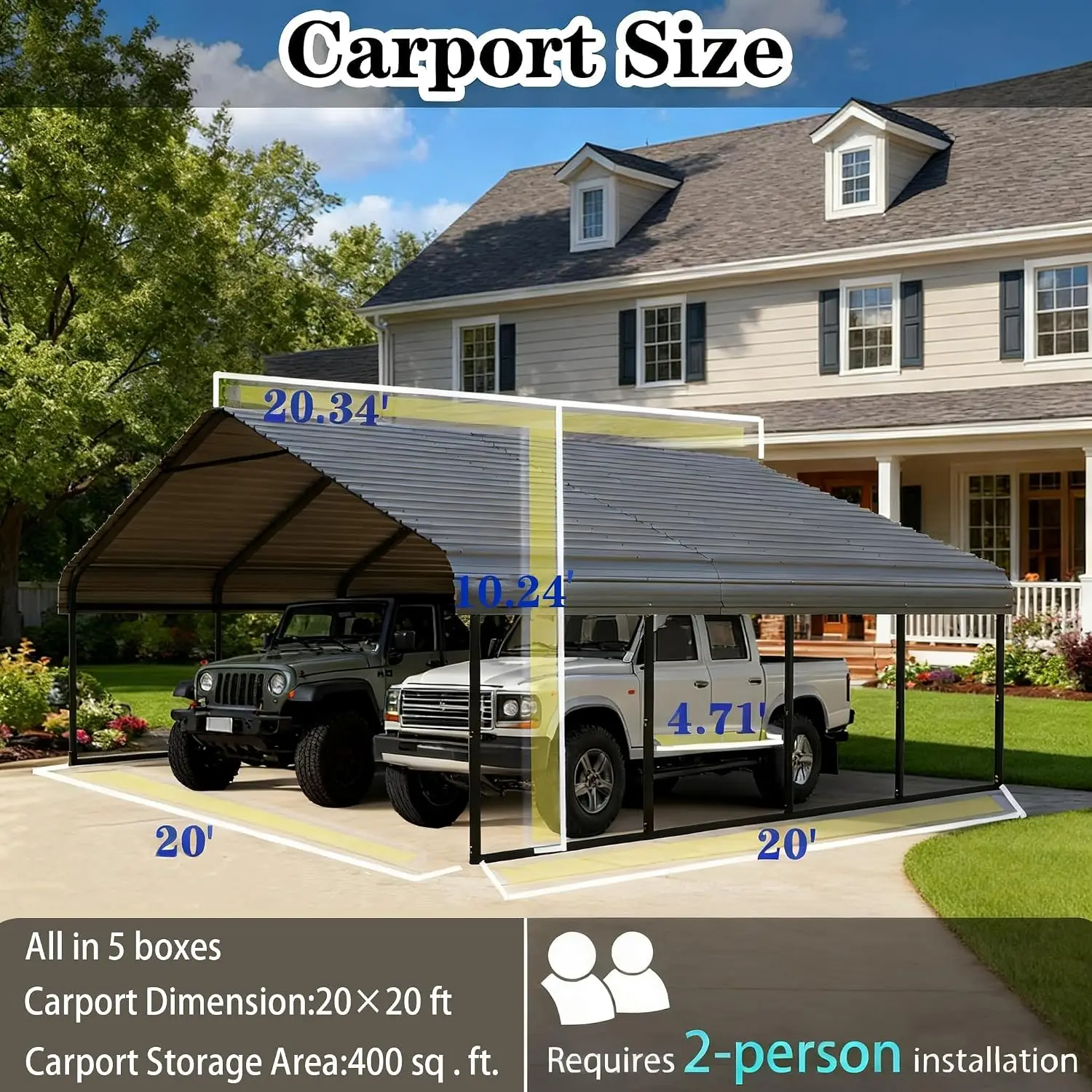 20x20FT Vertical Roof Metal Carport, Outdoor Vehicle Shelter, Heavy Duty Steel Frame, Car Truck Boat Storage, Customized