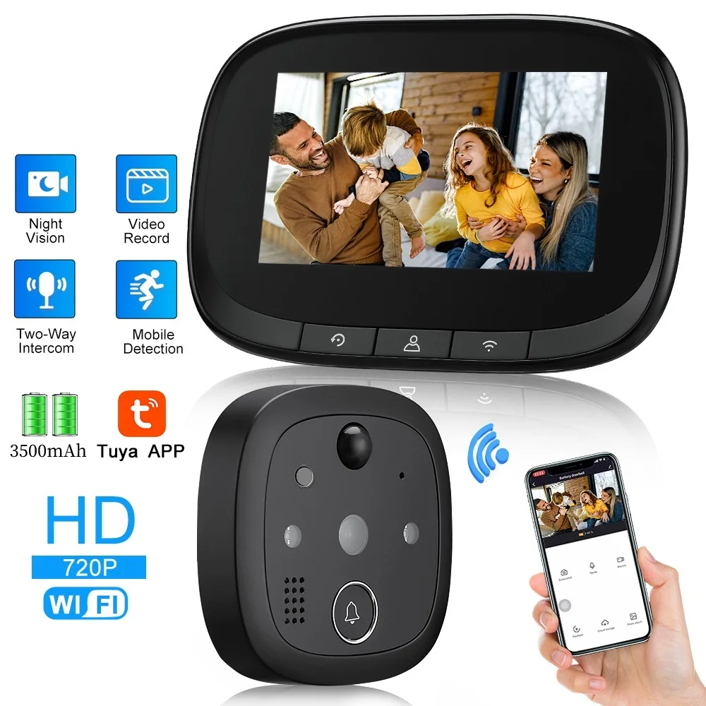 Top Tuya Smart WiFi Door Bell With 720P Camera Video Peephole for Door 4.3