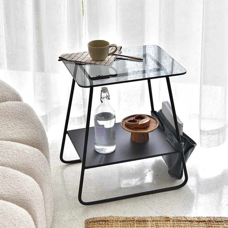 Square Nordic Coffee Table Living Room Luxury Black Glass Minimalist Sofa Side Table Design Metal Mesa Auxiliar Home Furniture