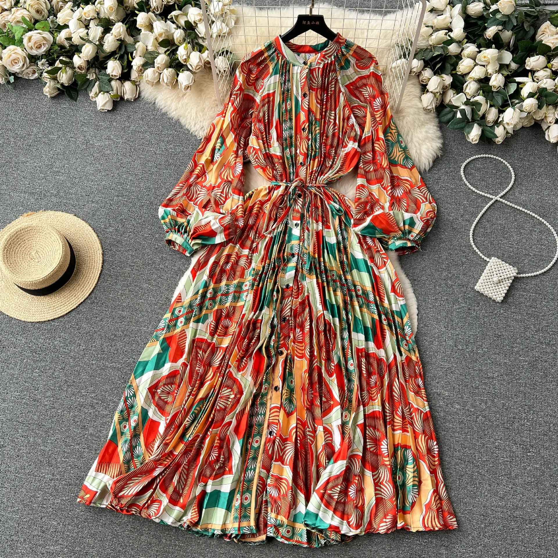 

Women Print Long Dress Single Breasted Lantern Full Sleeve Round Neck A Line Dresses High Waist Folds Skirts Ladies Autumn