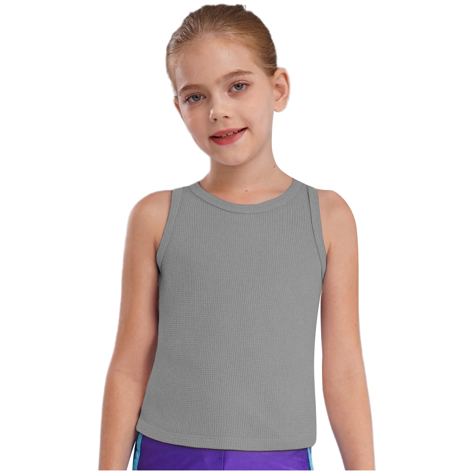 

Girls Vest Camisole Top Undershirt Summer Casual Waffle Texture Round Neck Sleeveless Basic Tank Top for Holiday Beach Homewear