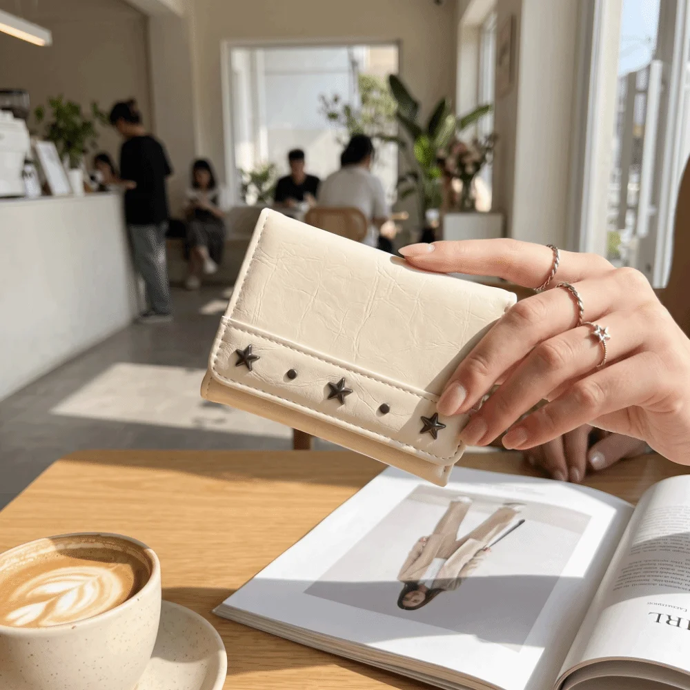 PU Star Rivet Trifold Wallet Compact Size Ultra Thin Card Holder Large Capacity Solid Color Cash Wallet Portable Carry