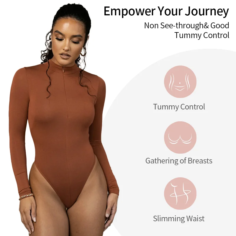 Women Thermal Underwear Mock Neck Bodysuit Long Sleeve Shapewear Sexy Deep V Body Shaper Slimming Zipper Jumpsuit  Warmth Basic