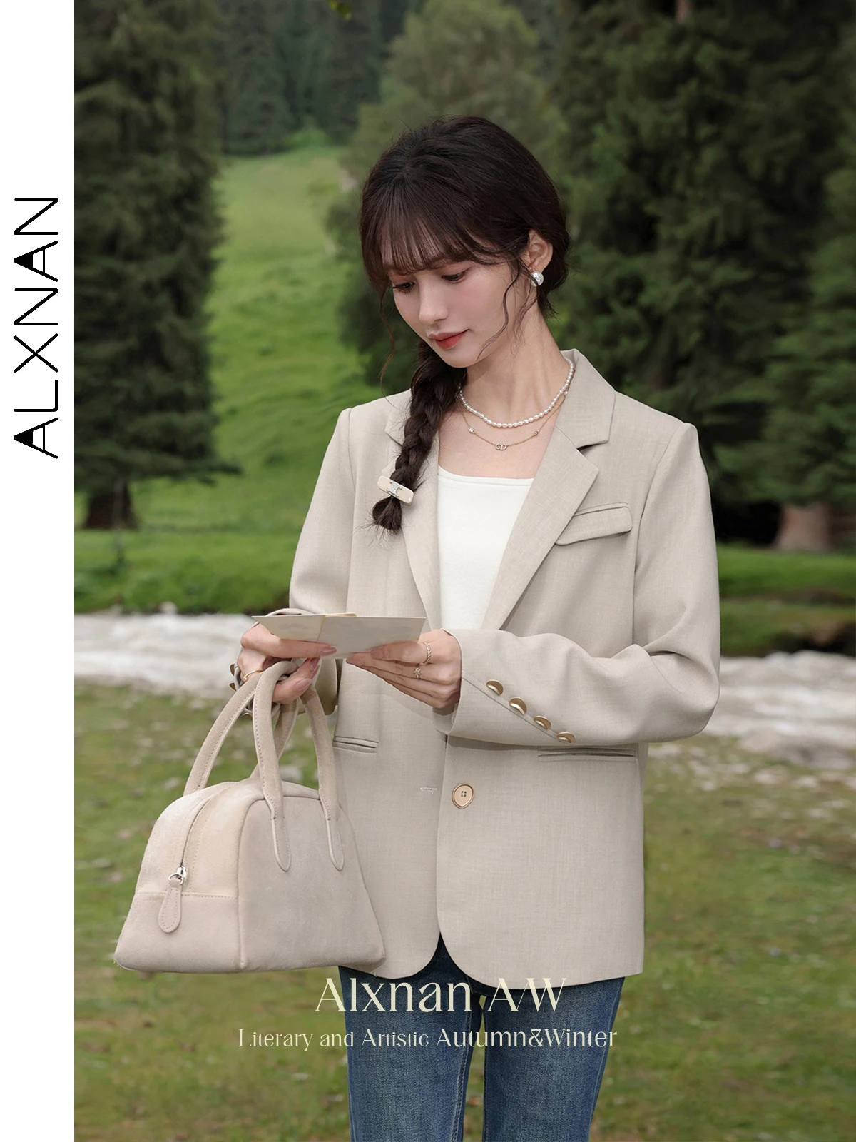 

ALXNAN Senior Commuter Blazer for Women Classic Suit Lapel Collar Back Split Trendy Simple Female 2024 Autumn Winter Coat L39538