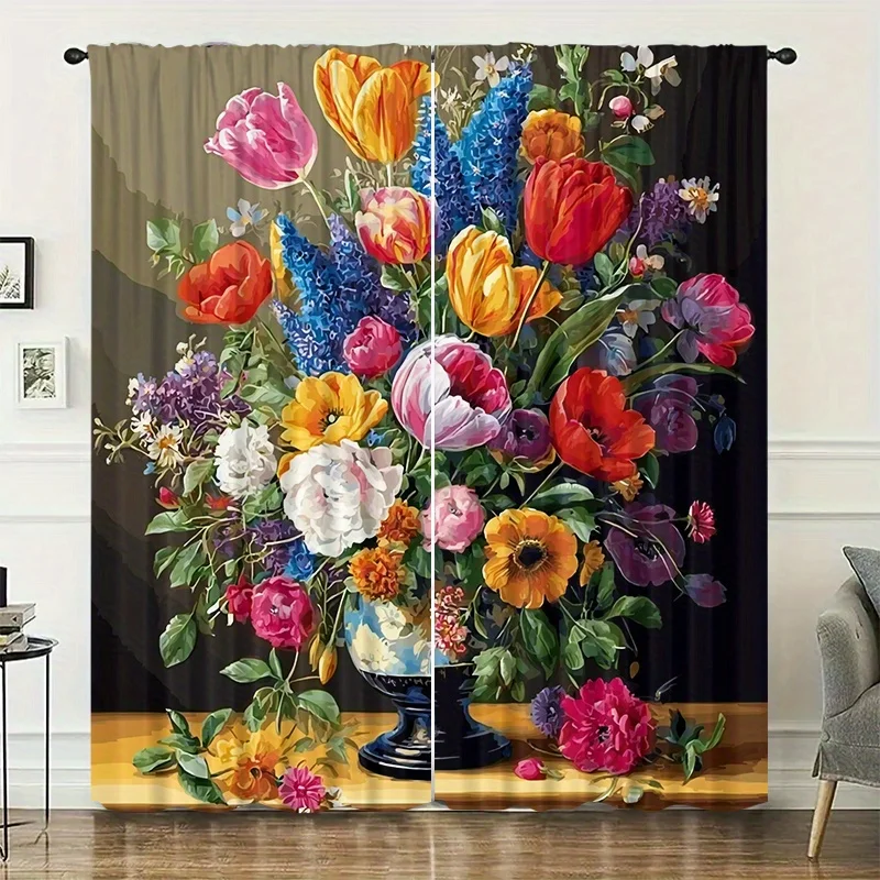 Flower vase with colorful flower patterns as curtains pole-mounted installation Suitable for living rooms bedrooms dining hotels