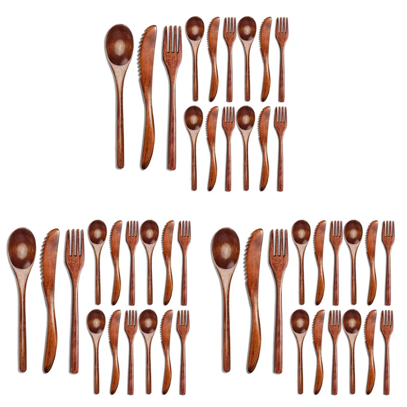 

ABUP-45 Pcs Wooden Spoon Fork Knife Cutlery Set Wooden Dinner Utensil Set Kitchen Wooden Flatware Tableware Cutlery Set