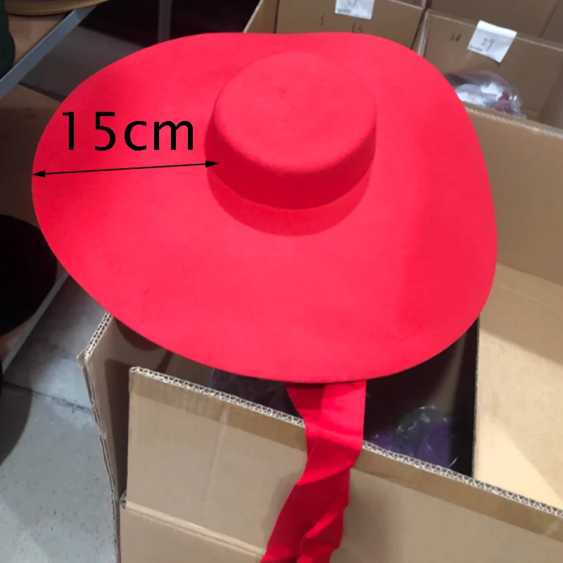 Czerwony super wełniany kapelusz Extra Large 15cm Big brim Shallow Top Soft Hat dla mężczyzn i kobiet Flat Top Hat New Big brim Hat
