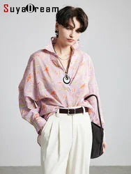SuyaDream,Woman Printed Shirts, 100%Ramie, Turn Down Collar, Chic Blouses, 2025 Spring Summer Casual Top, Pink, Floral