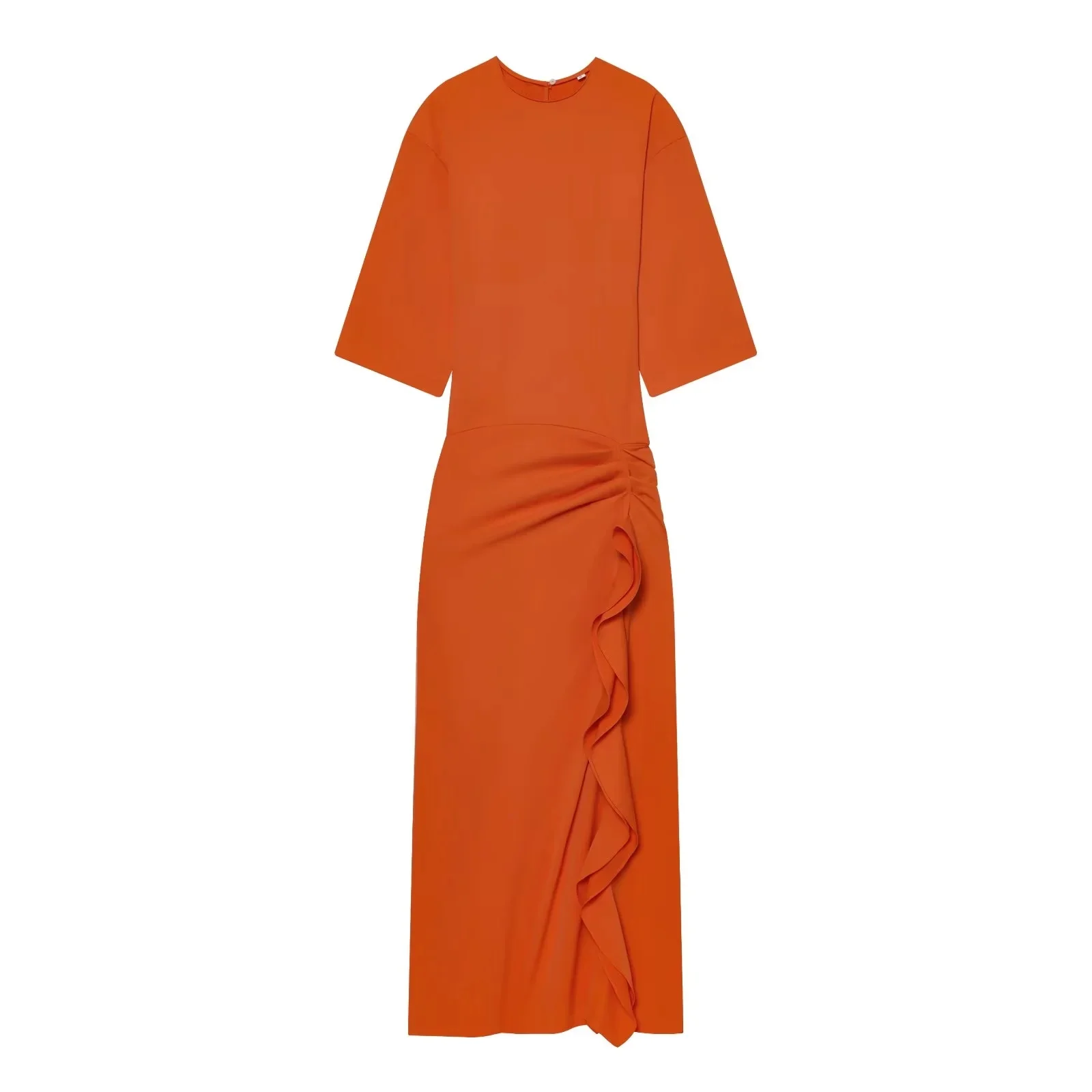 BSAY 2026 Damen Einfarbiges Rundhals-Midikleid mit Halben Ärmeln, Schmal Geschnitten, Seitlich Gerafft, Rüschen-Split, Elegantes Büro- und Formelles Kleid – Detail 7