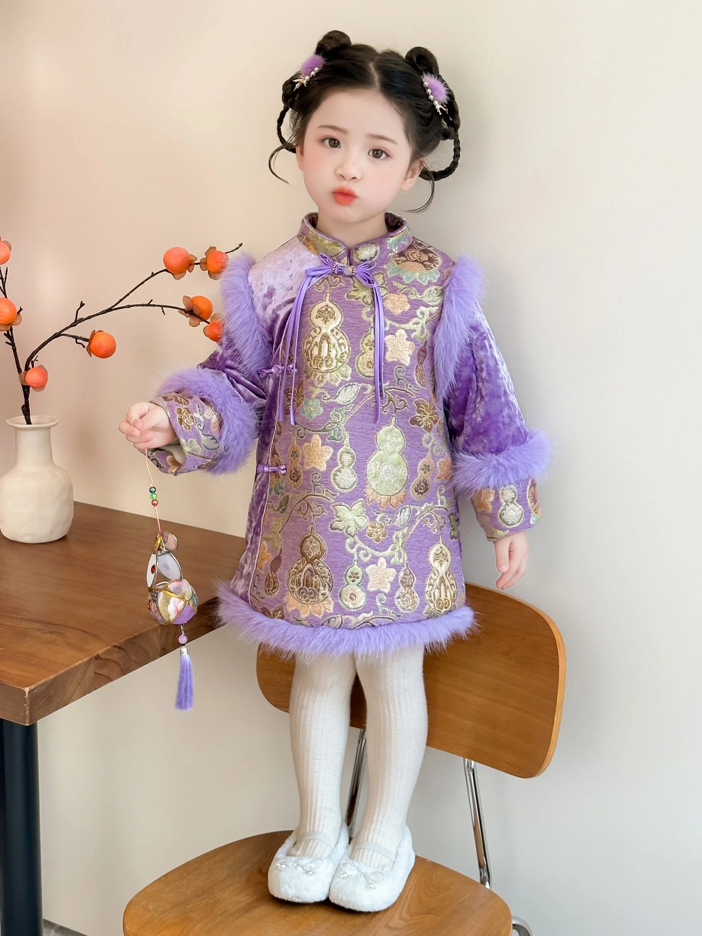 

Thiened Fce Winter New Sle Gourd Year Costume Skirt for Girls Traditional Chinese Sle Warm Dr Long Sve