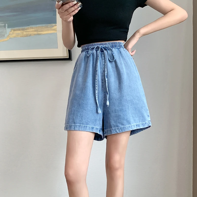 Academy Fengtian Silk Capris Women's Summer Thin Elastic Loose Wide Leg Denim Shorts