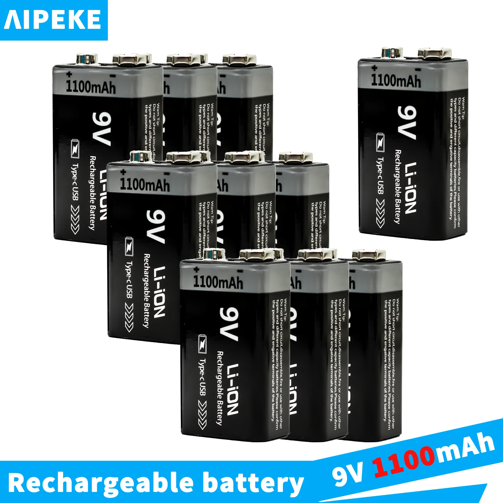 AIPEKE Batteries 9V 1100mAh li-ion 9v Rechargeable battery USB 9V Battery for Multimeter Microphone Toy Remote Control KTV