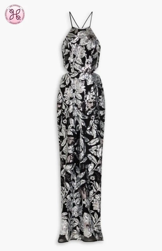 2025 Silver Embroidered Halter Gown | Waist-Cutout Sequin Dress | Elegant Banquet Maxi Dress Wholesale