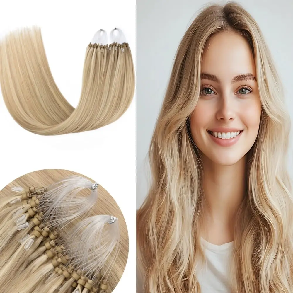 100% Human Hair Micro Loop Ring Hair Extensions Straight Weft Small Rings For Secure Comfortable All Day Wear