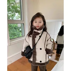 Jackets Girl Autumn Winter Loose Coat Plush Thickening Fashion Jacket Childrens Clothing Simple 2024 Cool Loose Button