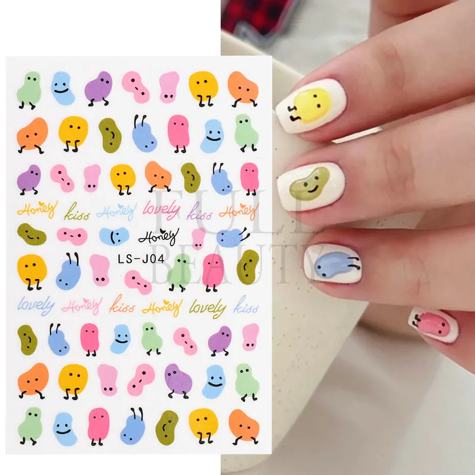 1pcs Cartoon Beans 3D Stickers Nail Art Lovely Kitten Interesting Smile Face Design Nails Art Charms Decoration Sliders NLLS-J04