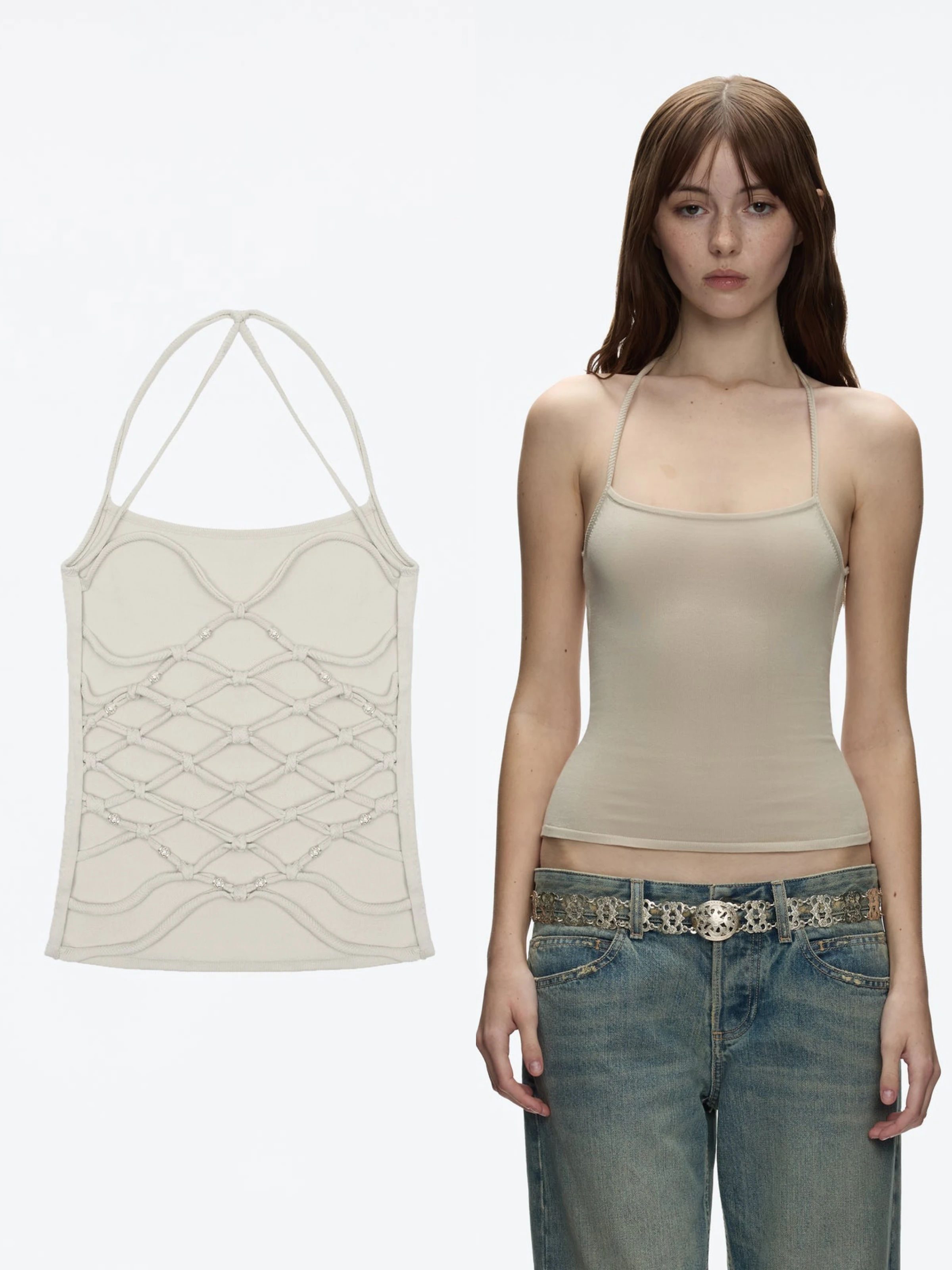 

Tank Solid Color Sexy Backless Knitted Camisole Top with Hand-Woven Diamond Pattern Design Halter Neck, Short Stretchy Tank Top for Hot Girls, Fashionable Versatile Beaded Sweater