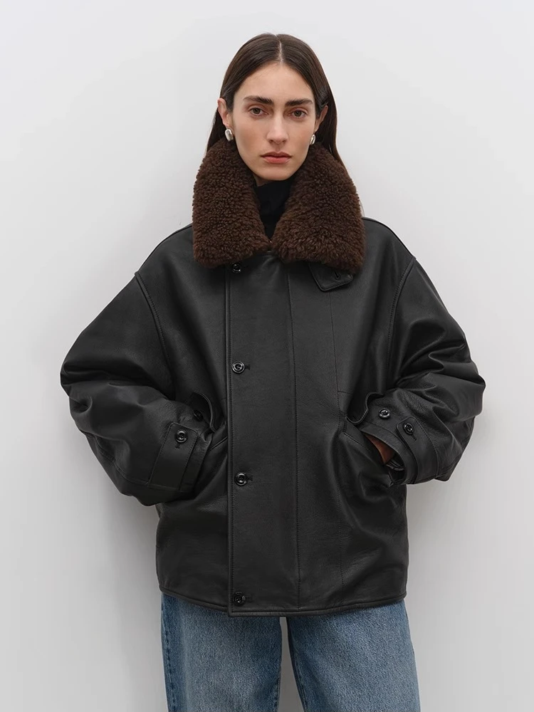 Schwarze Motorradjacken aus echtem Leder für Damen, Herbst und Winter, abnehmbarer Wollpelzkragen, Mantel aus echtem Rindsleder, Kamelsamt