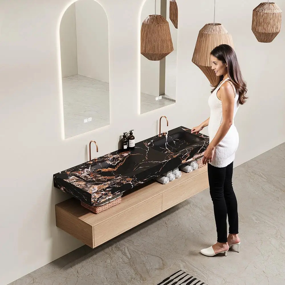 

lauren Black Gold Marble Luxury Stone Thermoforming Double Basin Sink: Integrated Vanity Countertop & Vessel Washbasin
