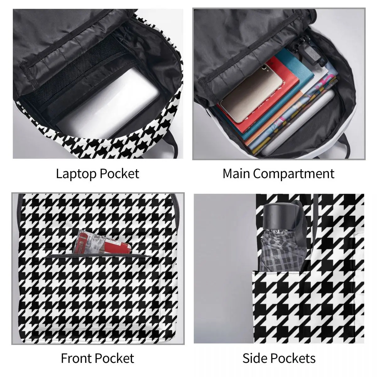 Black And White Houndstooth Backpack Abstract Design Women Men Outdoor Style Backpacks Breathable Cool School Bags Rucksack