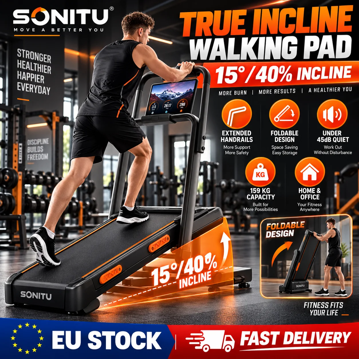 Tapis roulant Sonitu X5Fd con inclinazione regolabile da 0 a 40%, braccioli allungabili, design compatto e pieghevole da 15,5 cm, motore ultra silenzioso con livello di rumorosità inferiore a 45 dB,