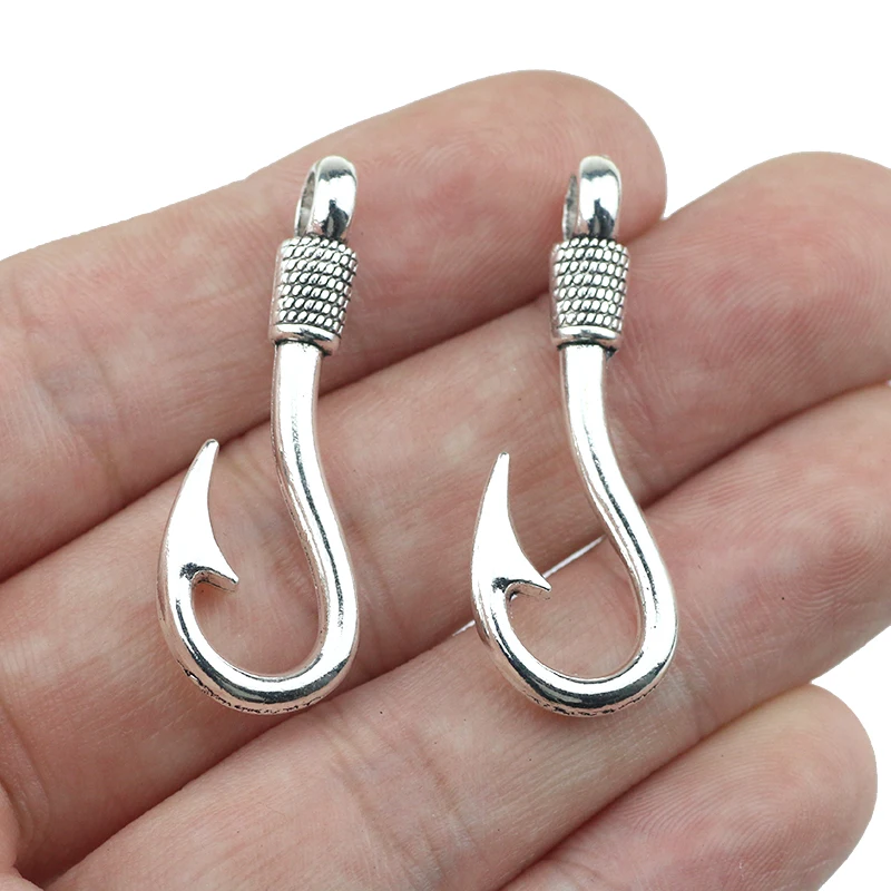 High Quality 10 Pieces/Lot 13*36mm antique silver plated or antique bronze metal fish hook charms pendant for jewelry making