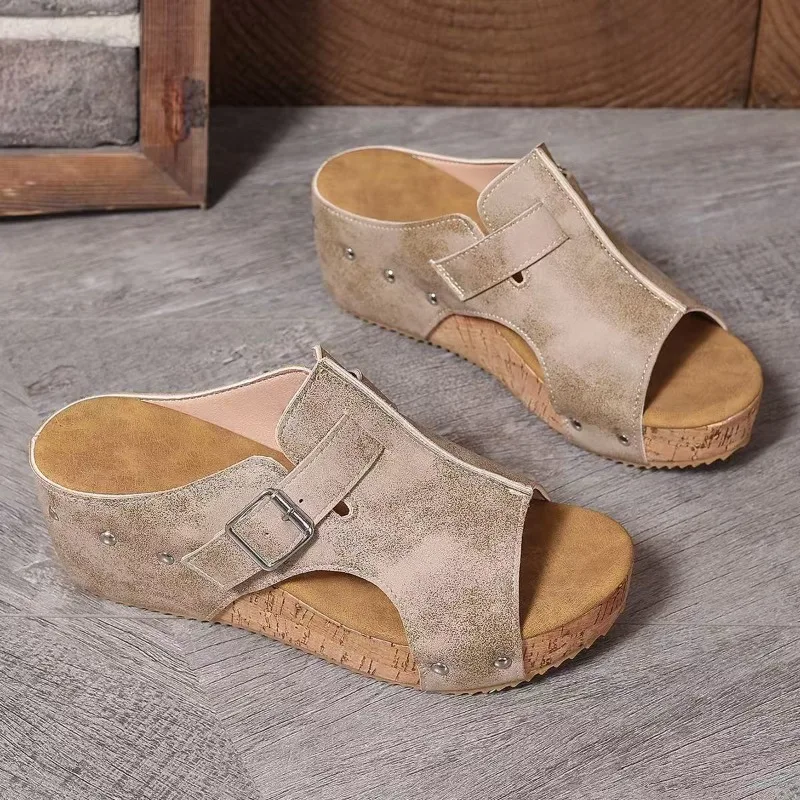 2025 feminino grosso sola cunhas chinelos verão fivela peep toe praia sapatos elegantes para mulher meados de salto chinelos de mujer
