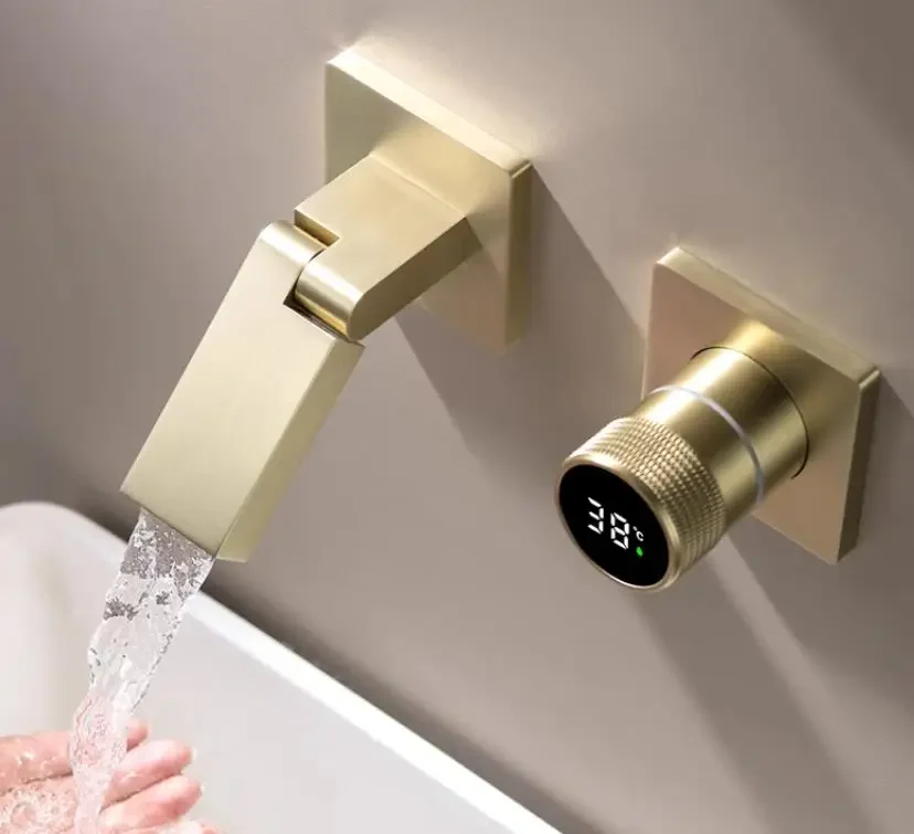 

Brushed gold Wall Mount faucet hot cold washbasin basin sink gunmetal faucet Digital Display bathroom basin Faucet folding Spout