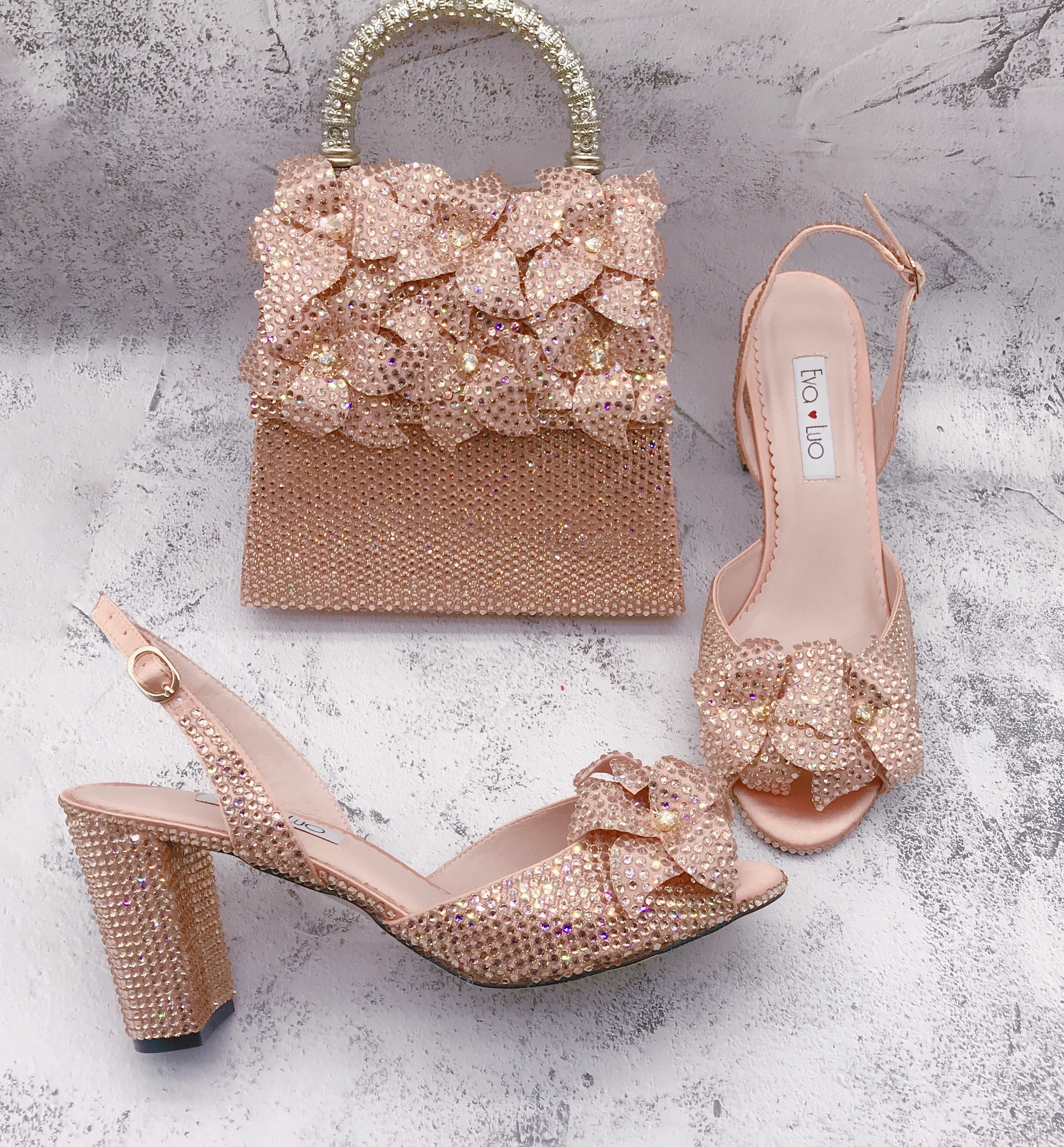 BS1723  Luxury Customize Women Floral Rose Gold Peach Rhinestone  Flower Shoes With Matching Bag Set For Birthday Wedding Party